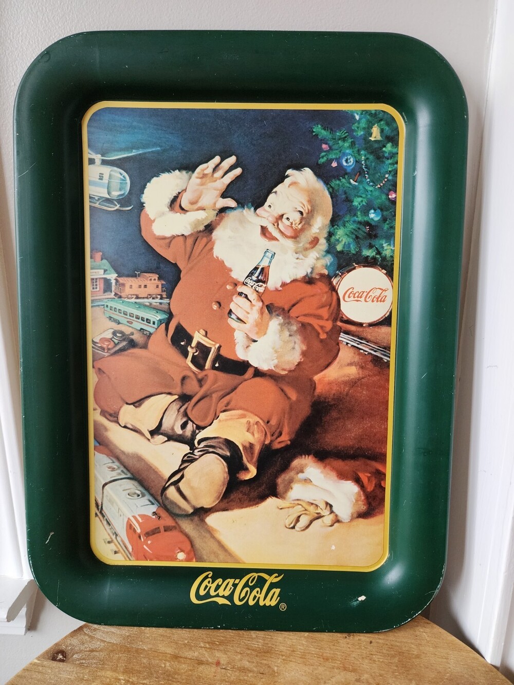 1994 COCA-COLA COKE SERVING TRAY “SANTA WITH TRAIN" 1962 PRINT AD 17”x13” Vtg